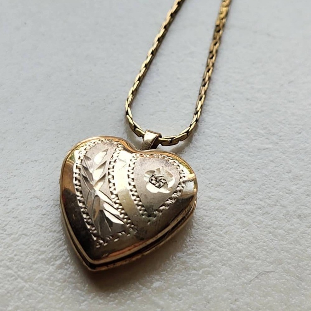 Vintage 12K Gold Filled Heart Locket Necklace Etched Floral Design